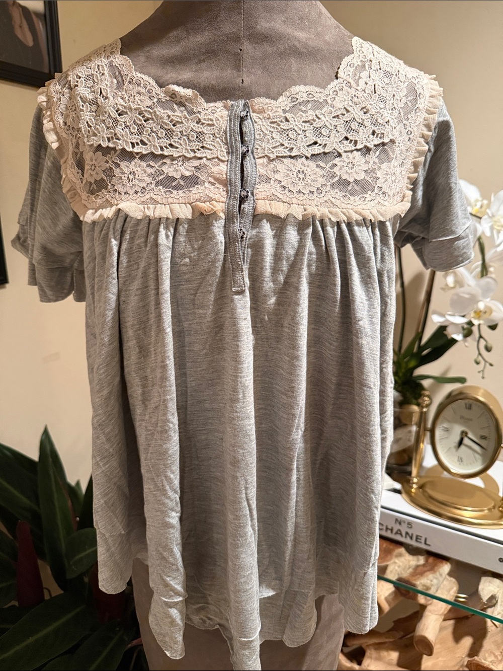 Free People with Cream & Gray Lace Yoke Short Sleeve Top